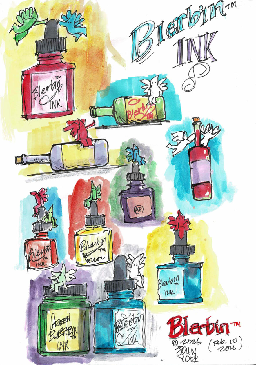 Blerbin Ink several little colorful Blerbins on colorful ink bottles by John Randall York Copyright 1972-2026 Blerbin Ink several little colorful Blerbins on colorful ink bottles by John Randall York Copyright 1972-2026